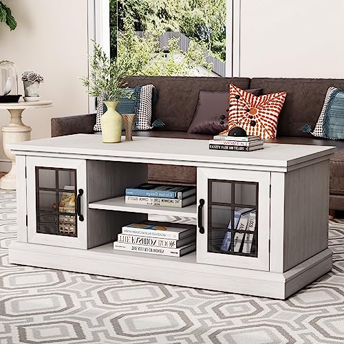 AMERLIFE 47" Rustic Coffee Table, Farmhouse 2 Shelves Center Table with Glass Door Closed Storage Cabinet for Living Room, Distressed White