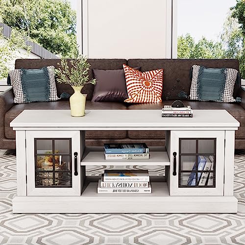 AMERLIFE 47" Rustic Coffee Table, Farmhouse 2 Shelves Center Table with Glass Door Closed Storage Cabinet for Living Room, Distressed White