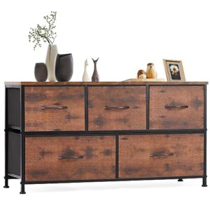 sweetcrispy rustic brown kids, 5 dresser chest bedroom, metal frame and wood top for tv stand up to 45 inch with fabric storage drawer units for living room