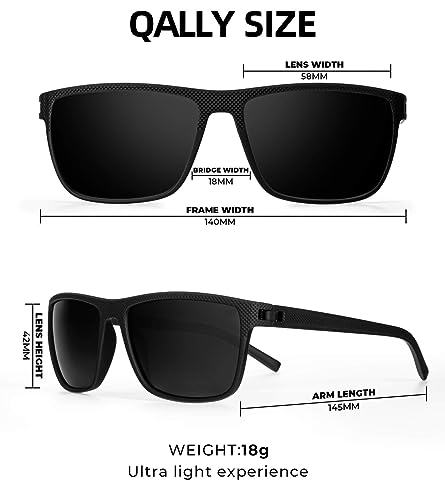 QALLY Retro Square Polarized Sunglasses for Men UV Protection Rectangular Outdoors Sunglasses with Trendy Frame, Black/Blue/Tawny