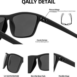 QALLY Retro Square Polarized Sunglasses for Men UV Protection Rectangular Outdoors Sunglasses with Trendy Frame, Black/Blue/Tawny