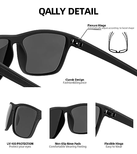 QALLY Retro Square Polarized Sunglasses for Men UV Protection Rectangular Outdoors Sunglasses with Trendy Frame, Black/Blue/Tawny