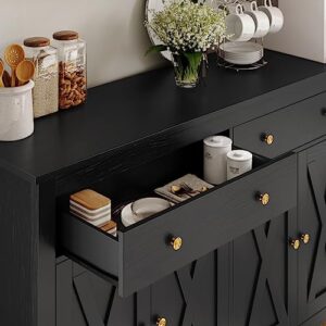 FOTOSOK Sideboard Buffet Cabinet with Storage, 55" Large Kitchen Storage Cabinet with 2 Drawers and 4 Doors, Wood Coffee Bar Cabinet Buffet Table Console Cabinet for Kitchen Dining Room, Black