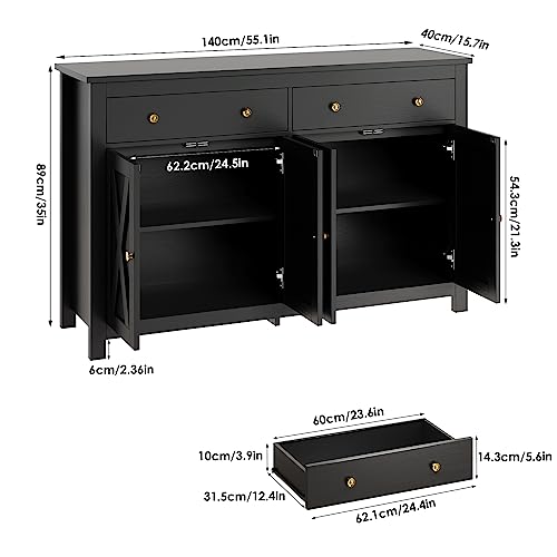 FOTOSOK Sideboard Buffet Cabinet with Storage, 55" Large Kitchen Storage Cabinet with 2 Drawers and 4 Doors, Wood Coffee Bar Cabinet Buffet Table Console Cabinet for Kitchen Dining Room, Black