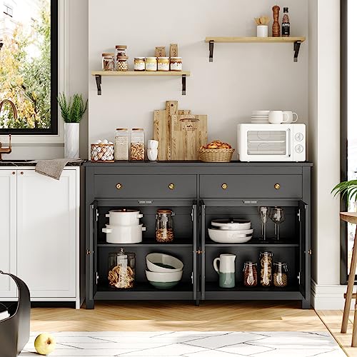 FOTOSOK Sideboard Buffet Cabinet with Storage, 55" Large Kitchen Storage Cabinet with 2 Drawers and 4 Doors, Wood Coffee Bar Cabinet Buffet Table Console Cabinet for Kitchen Dining Room, Black
