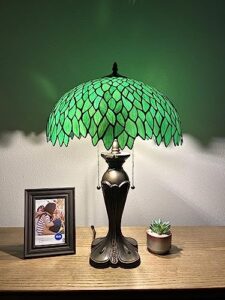 enjoy tiffany style table lamp green stained glass leaves included led bulbs vintage for living room dining room bedroom bedside office hotel h24*w16 in