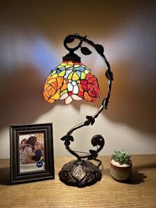 enjoy tiffany style table lamp stained glass rose flowers iron metal leaves bronze base vintage for living room dining room bedroom bedside office hotel h21*w11 in