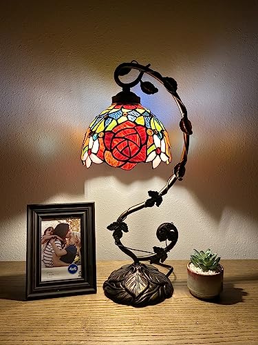 Enjoy Tiffany Style Table Lamp Stained Glass Rose Flowers Iron Metal Leaves Bronze Base Vintage for Living Room Dining Room Bedroom Bedside Office Hotel H21*W11 in