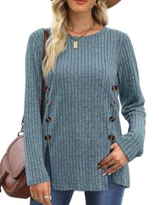 sampeel blue tunic sweaters for women fall long sleeve tunic tops for women buttons side s