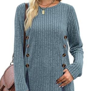 SAMPEEL Blue Tunic Sweaters for Women Fall Long Sleeve Tunic Tops for Women Buttons Side S