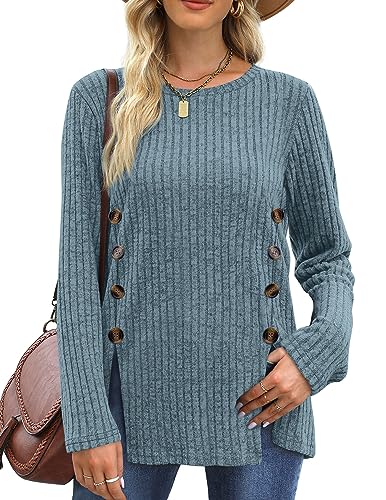 SAMPEEL Blue Tunic Sweaters for Women Fall Long Sleeve Tunic Tops for Women Buttons Side S