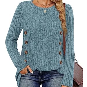 SAMPEEL Blue Tunic Sweaters for Women Fall Long Sleeve Tunic Tops for Women Buttons Side S