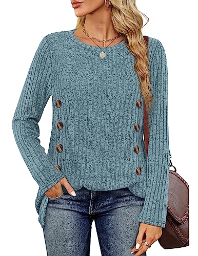 SAMPEEL Blue Tunic Sweaters for Women Fall Long Sleeve Tunic Tops for Women Buttons Side S