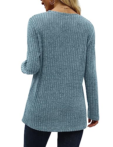 SAMPEEL Blue Tunic Sweaters for Women Fall Long Sleeve Tunic Tops for Women Buttons Side S