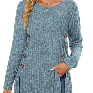 SAMPEEL Blue Tunic Sweaters for Women Fall Long Sleeve Tunic Tops for Women Buttons Side S