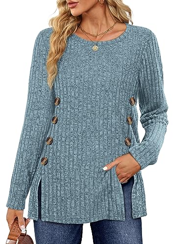 SAMPEEL Blue Tunic Sweaters for Women Fall Long Sleeve Tunic Tops for Women Buttons Side S