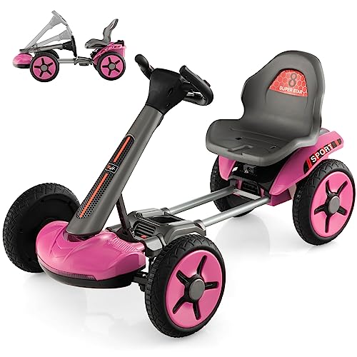 HONEY JOY 12V Go Kart for Kids, 4-Wheel Folding Pedal Go Kart, 2-Position Adjustable Steering Wheel & Seat, Lights, Cup Holder, Slow Start, Electric Go Cart Ride on Car, Gift for Boys Girls (Pink)