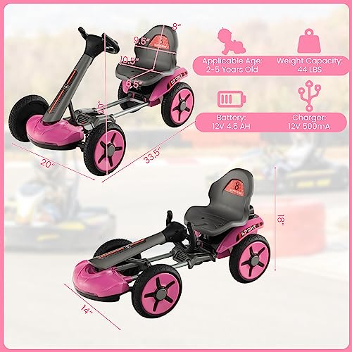 HONEY JOY 12V Go Kart for Kids, 4-Wheel Folding Pedal Go Kart, 2-Position Adjustable Steering Wheel & Seat, Lights, Cup Holder, Slow Start, Electric Go Cart Ride on Car, Gift for Boys Girls (Pink)