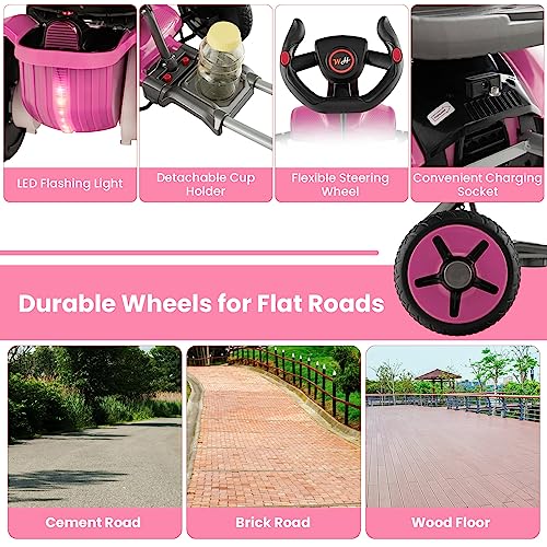 HONEY JOY 12V Go Kart for Kids, 4-Wheel Folding Pedal Go Kart, 2-Position Adjustable Steering Wheel & Seat, Lights, Cup Holder, Slow Start, Electric Go Cart Ride on Car, Gift for Boys Girls (Pink)