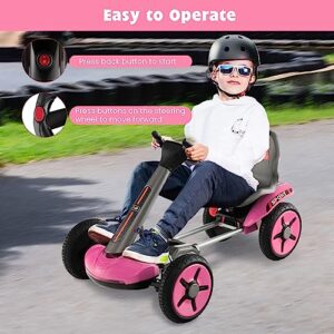 HONEY JOY 12V Go Kart for Kids, 4-Wheel Folding Pedal Go Kart, 2-Position Adjustable Steering Wheel & Seat, Lights, Cup Holder, Slow Start, Electric Go Cart Ride on Car, Gift for Boys Girls (Pink)