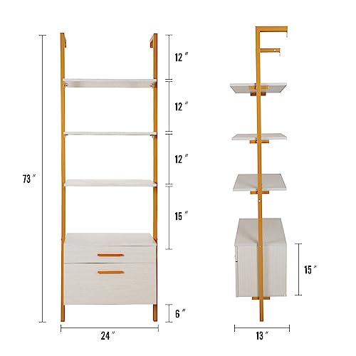 ELECWISH Ladder Shelf Wall Mounted Bookshelf with Drawers Bookcase 3 Tier Open Shelves, Open Storage Shelves Storage Rack with Metal Frame for Home, Living Room, Home Office (White)