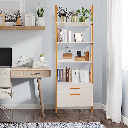 ELECWISH Ladder Shelf Wall Mounted Bookshelf with Drawers Bookcase 3 Tier Open Shelves, Open Storage Shelves Storage Rack with Metal Frame for Home, Living Room, Home Office (White)