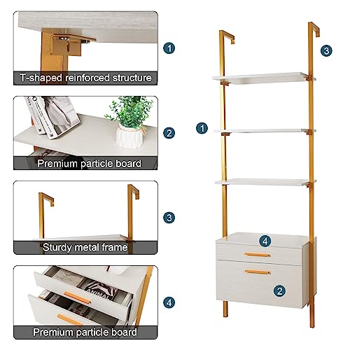 ELECWISH Ladder Shelf Wall Mounted Bookshelf with Drawers Bookcase 3 Tier Open Shelves, Open Storage Shelves Storage Rack with Metal Frame for Home, Living Room, Home Office (White)