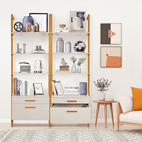 ELECWISH Ladder Shelf Wall Mounted Bookshelf with Drawers Bookcase 3 Tier Open Shelves, Open Storage Shelves Storage Rack with Metal Frame for Home, Living Room, Home Office (White)