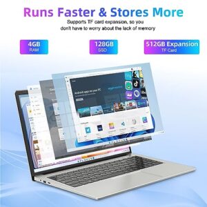 SGIN 15.6 Inch Laptop, 4GB DDR4 128GB SSD, Intel Celeron J4105 Quad-Core Processor, Windows 11 Laptop with IPS FHD Display, 2.4/5.0G WiFi, Bluetooth4.2, USB 3.0 *2, Type-C, Expandable Storage 512GB TF