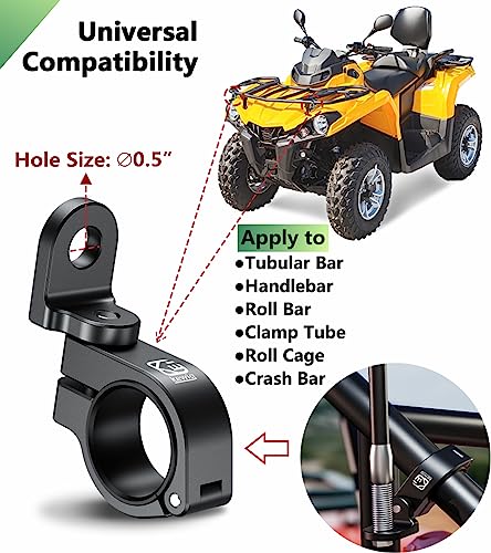 ATV Whip Light Mount, Sturdy Aluminum Alloy Whip Flag Mount, 360° Rotating Adjustable Light Bar Mount for ATV Motorcycle 0.75"/0.875"/1"/1.125"/1.26"/1.375" Tubular Bars and Handlebars (1 pc Black)