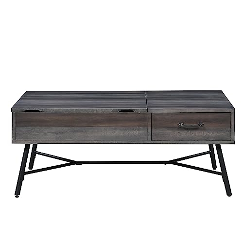 OUllUO Wood Lift Top Coffee Table with Charging Station, Vintage Coffee Table with Storage, Rustic Central Table for Living Room, Home Office, Gray Rising Coffee Table