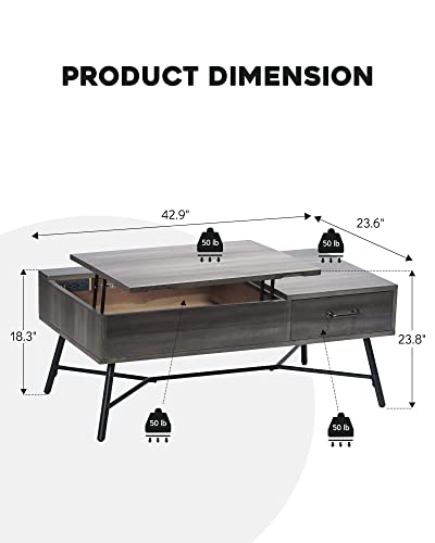 OUllUO Wood Lift Top Coffee Table with Charging Station, Vintage Coffee Table with Storage, Rustic Central Table for Living Room, Home Office, Gray Rising Coffee Table