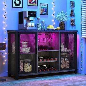 yitahome bar cabinet w/led lights for liquor and glasses, coffee bar cabinet w/wine racks, mesh door, glass holders, industrial storage buffet cabinet for kitchen, dining room, living room, dark gray