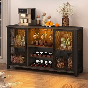 YITAHOME Bar Cabinet w/LED Lights for Liquor and Glasses, Coffee Bar Cabinet w/Wine Racks, Mesh Door, Glass Holders, Industrial Storage Buffet Cabinet for Kitchen, Dining Room, Living Room, Dark Gray