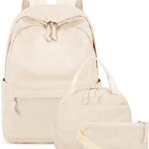 BTOOP School Backpack for Teen Girls Beige Corduroy Bookbags Set Lightweight Schoolbag with Lunch Box and Pencil Case