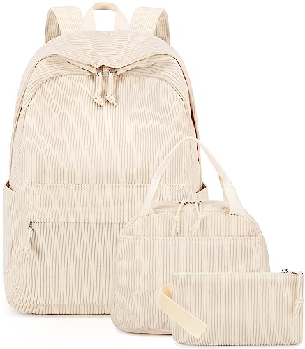 BTOOP School Backpack for Teen Girls Beige Corduroy Bookbags Set Lightweight Schoolbag with Lunch Box and Pencil Case