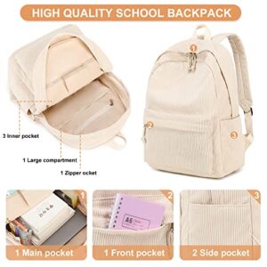 BTOOP School Backpack for Teen Girls Beige Corduroy Bookbags Set Lightweight Schoolbag with Lunch Box and Pencil Case