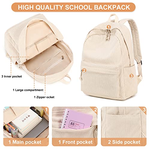 BTOOP School Backpack for Teen Girls Beige Corduroy Bookbags Set Lightweight Schoolbag with Lunch Box and Pencil Case