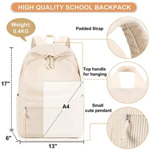 BTOOP School Backpack for Teen Girls Beige Corduroy Bookbags Set Lightweight Schoolbag with Lunch Box and Pencil Case