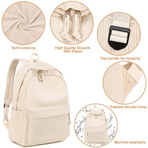 BTOOP School Backpack for Teen Girls Beige Corduroy Bookbags Set Lightweight Schoolbag with Lunch Box and Pencil Case