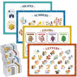 disposable placemats for baby, 40 pack sticky toddler placemat for restaurants, dining table, party, travel, placemats with letters numbers shapes colors, fun and learning placemats for kids12''x18''