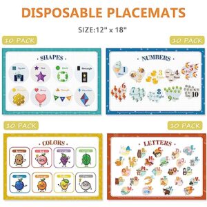 Disposable Placemats for Baby, 40 Pack Sticky Toddler Placemat for Restaurants, Dining Table, Party, Travel, Placemats with Letters Numbers Shapes Colors, Fun and Learning Placemats for Kids12''x18''