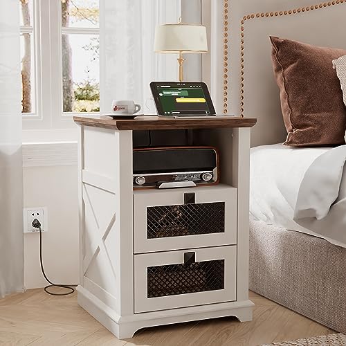 LDTTCUK Nightstand with Charging Station, End Table with 2 Drawers & Open Storage,Sofa Side Table with Mesh Drawers, Farmhouse Design Bedside Table for Living Room, Bedroom, White