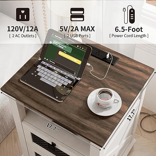 LDTTCUK Nightstand with Charging Station, End Table with 2 Drawers & Open Storage,Sofa Side Table with Mesh Drawers, Farmhouse Design Bedside Table for Living Room, Bedroom, White