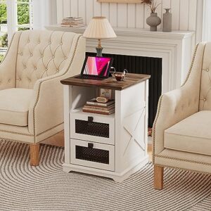 LDTTCUK Nightstand with Charging Station, End Table with 2 Drawers & Open Storage,Sofa Side Table with Mesh Drawers, Farmhouse Design Bedside Table for Living Room, Bedroom, White