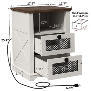 LDTTCUK Nightstand with Charging Station, End Table with 2 Drawers & Open Storage,Sofa Side Table with Mesh Drawers, Farmhouse Design Bedside Table for Living Room, Bedroom, White