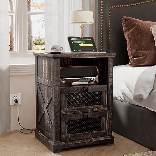 LDTTCUK Nightstand with Charging Station, End Table with 2 Drawers & Open Storage,Sofa Side Table with Mesh Drawers, Farmhouse Design Bedside Table for Living Room, Bedroom, Dark Rustic Oak