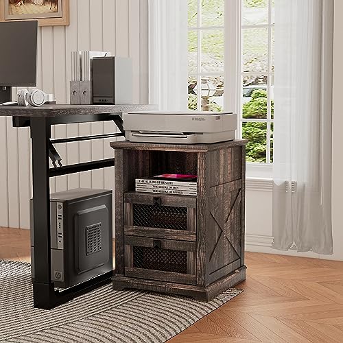 LDTTCUK Nightstand with Charging Station, End Table with 2 Drawers & Open Storage,Sofa Side Table with Mesh Drawers, Farmhouse Design Bedside Table for Living Room, Bedroom, Dark Rustic Oak