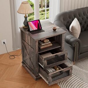 LDTTCUK Nightstand with Charging Station, End Table with 2 Drawers & Open Storage,Sofa Side Table with Mesh Drawers, Farmhouse Design Bedside Table for Living Room, Bedroom, Dark Rustic Oak