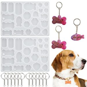 kuuguu 2 pcs pet tag resin mold silicone, dog tag molds for resin, bone shape resin keychain molds with 10pcs key ring, diy resin keychain pendant charm crafts